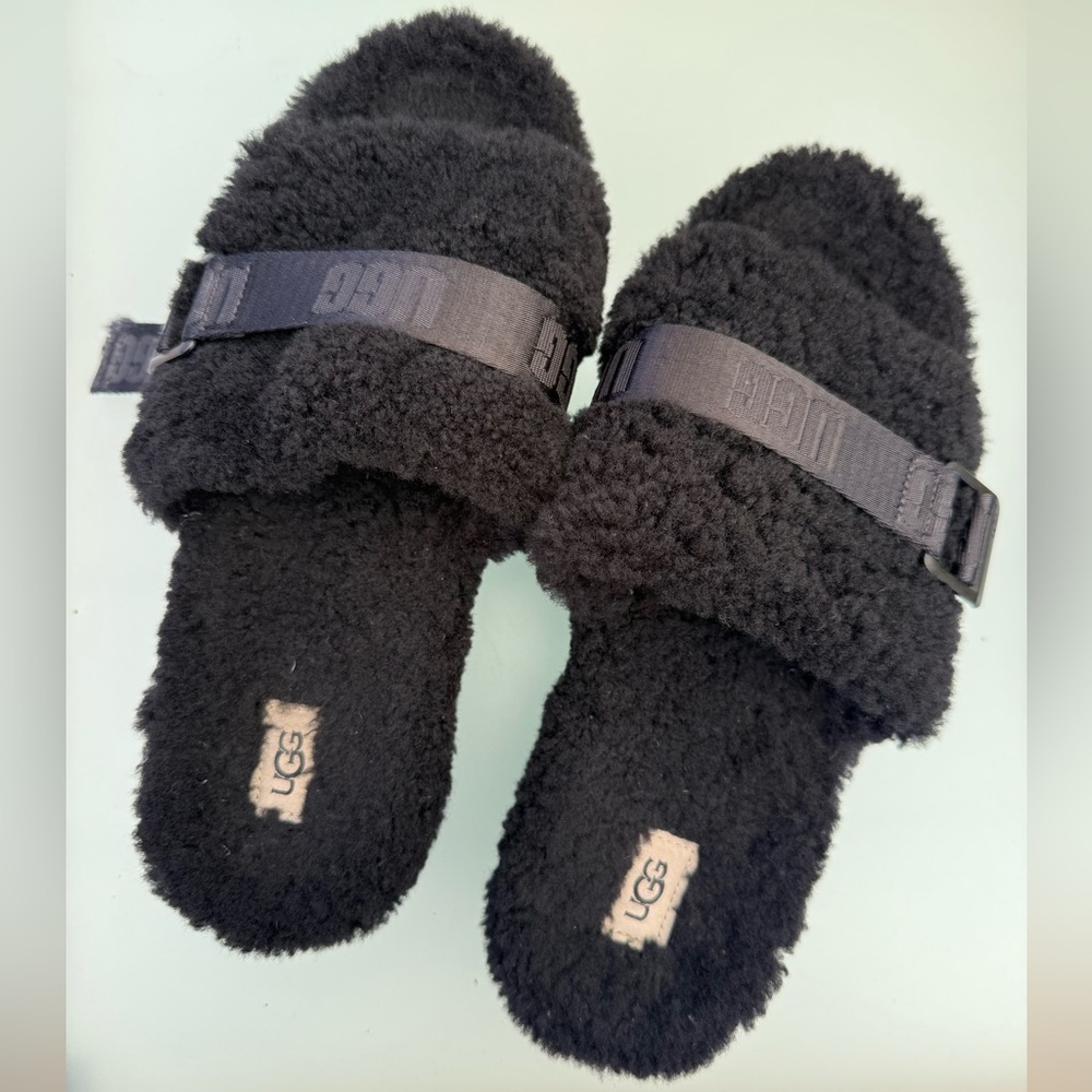 UGG Black Fluffy Slide Slippers